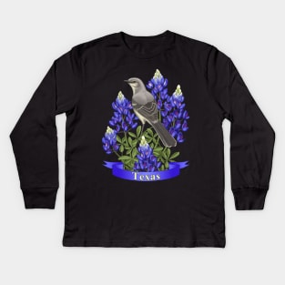 Texas State Mockingbird and Bluebonnet Flower Kids Long Sleeve T-Shirt